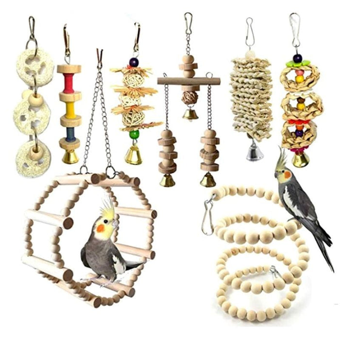 8Pcs Wood Bird Parrot Swing Chewing Toys Set