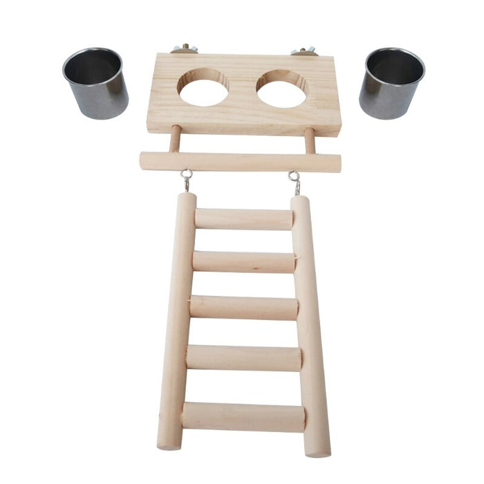 Bird Wood Ladder Toy With Stainless Steel Feeding Bowl