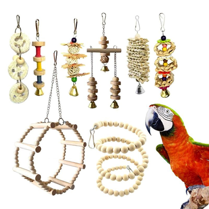 8Pcs Wood Bird Parrot Swing Chewing Toys Set