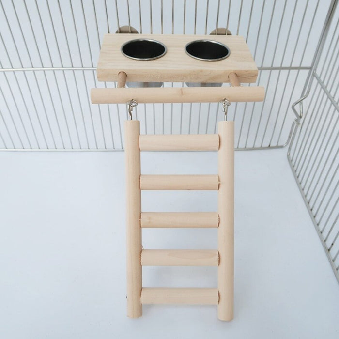 Bird Wood Ladder Toy With Stainless Steel Feeding Bowl