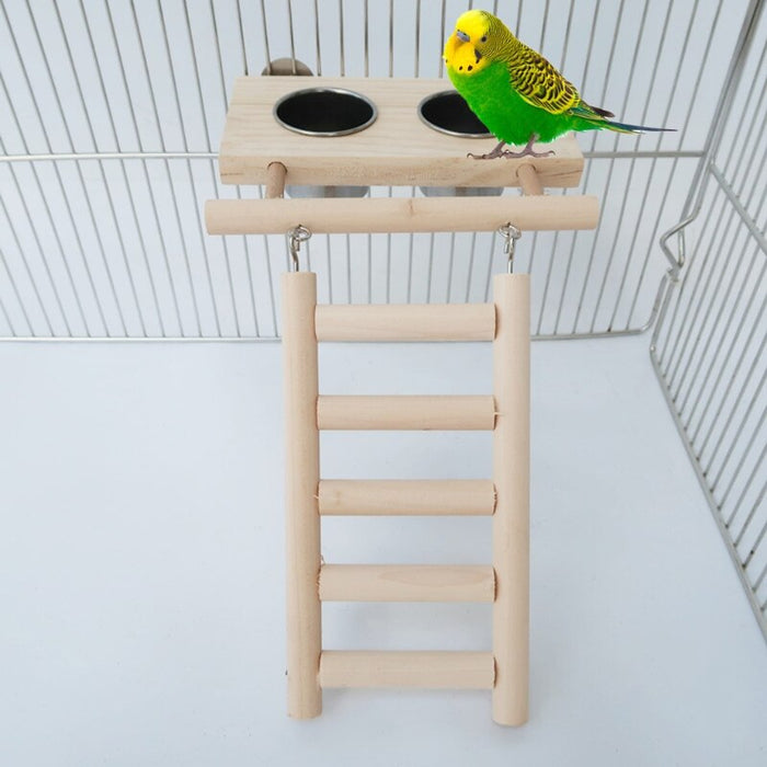 Bird Wood Ladder Toy With Stainless Steel Feeding Bowl