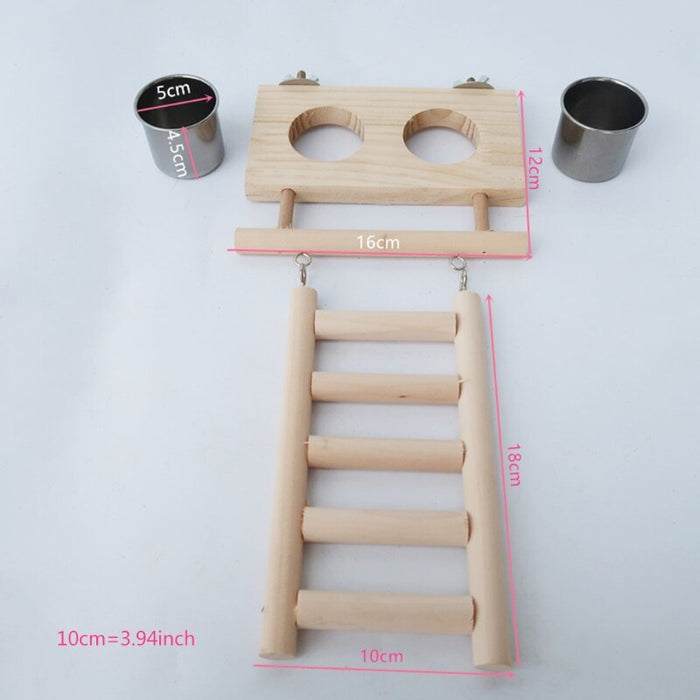 Bird Wood Ladder Toy With Stainless Steel Feeding Bowl